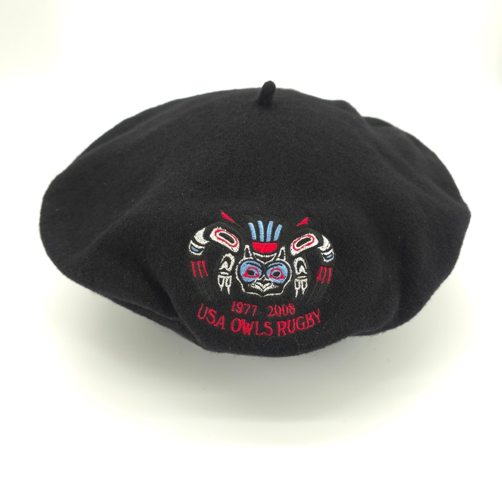 USA Owls Rugby Beret Mens Black 100% Wool Tour de Mort 2008 Czech Republic
